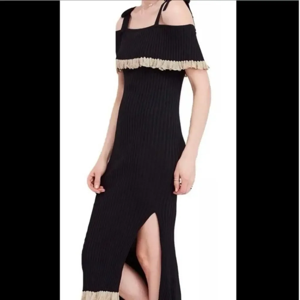 FREE PEOPLE Womens Size XS Black Gold Off the Shoulder Ribbed Sweater Midi Dress